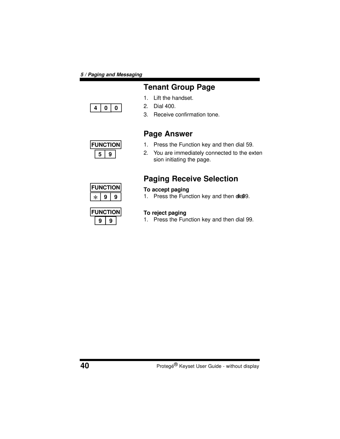 Sprint Nextel 699030 manual Tenant Group, Answer, Paging Receive Selection, To accept paging, To reject paging 