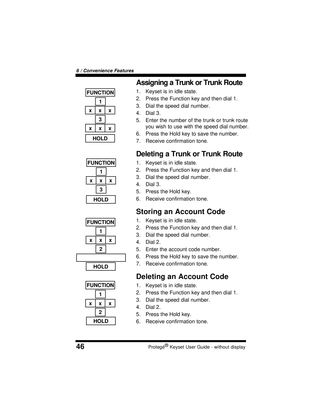 Sprint Nextel 699030 manual Assigning a Trunk or Trunk Route, Deleting a Trunk or Trunk Route, Storing an Account Code 