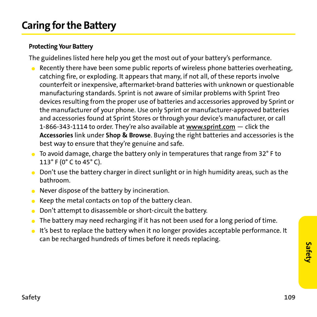 Sprint Nextel 755P manual Caring for the Battery, Protecting Your Battery, Safety 109 