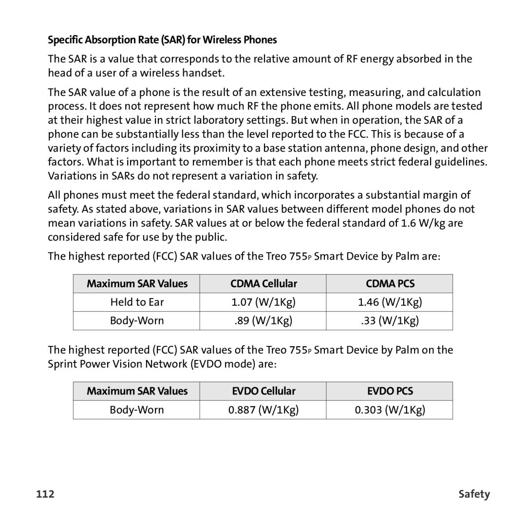 Sprint Nextel 755P manual Specific Absorption Rate SAR for Wireless Phones, Cdma Cellular, Evdo Cellular, 112 