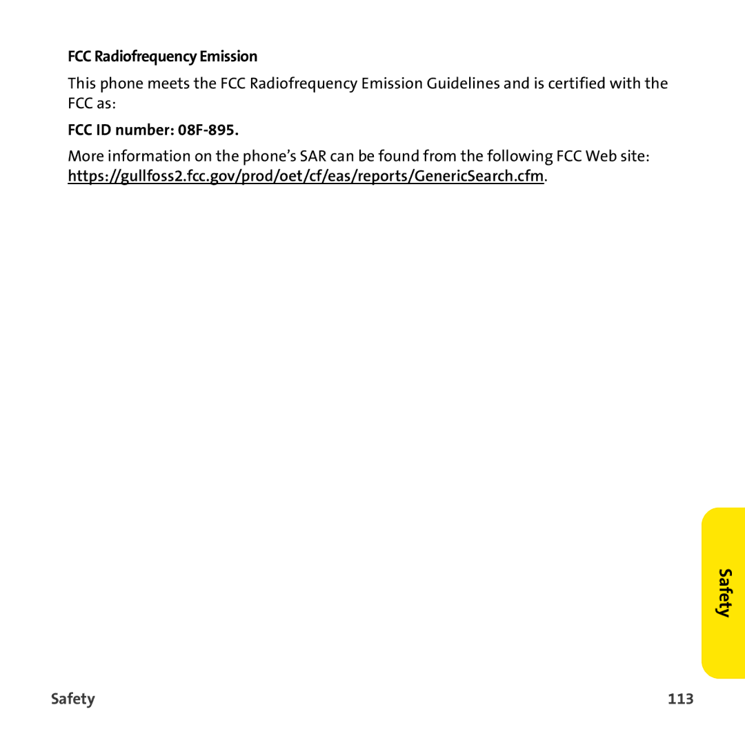 Sprint Nextel 755P manual FCC Radiofrequency Emission, FCC ID number 08F-895, Safety 113 