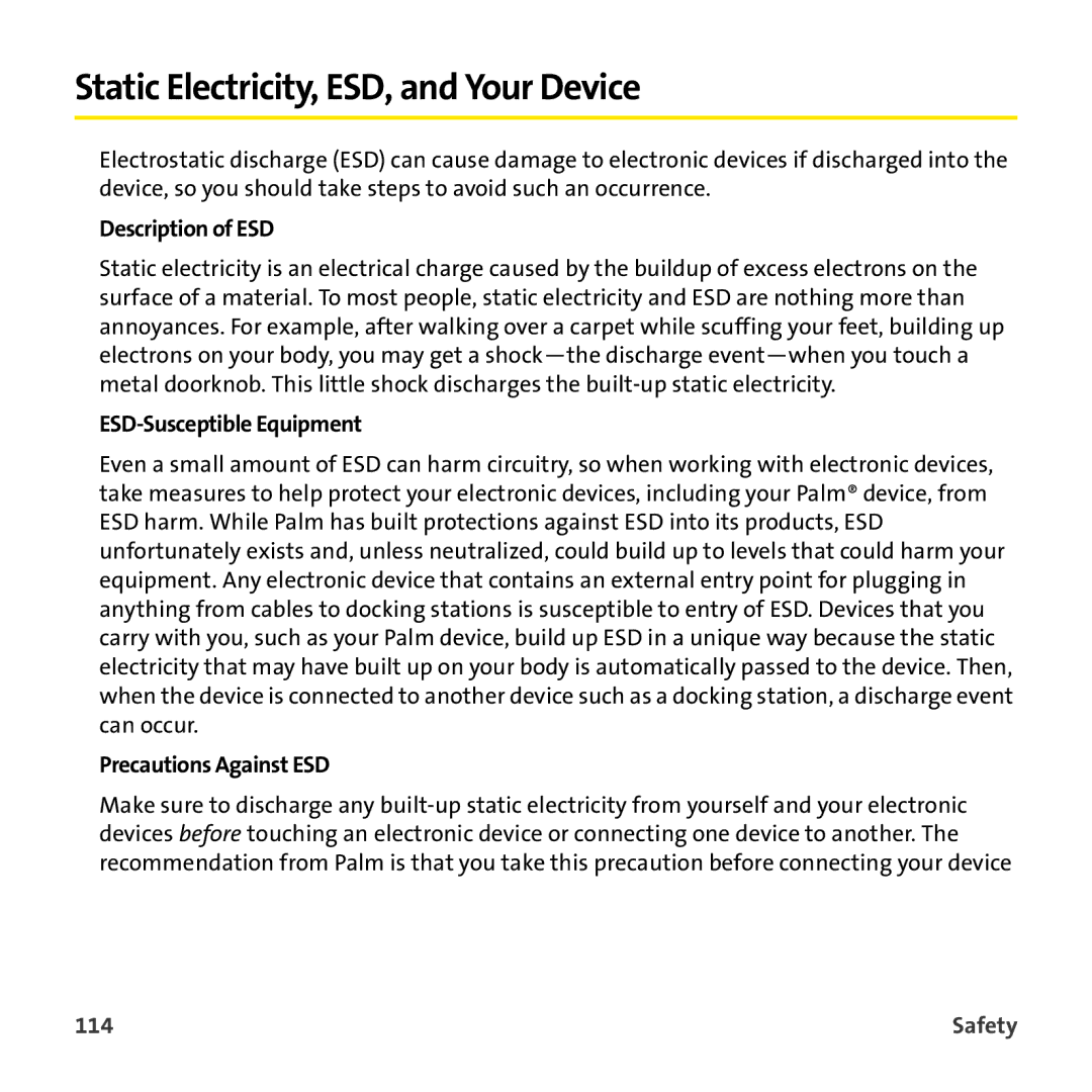 Sprint Nextel 755P manual Static Electricity, ESD, and Your Device, Description of ESD, ESD-Susceptible Equipment, 114 