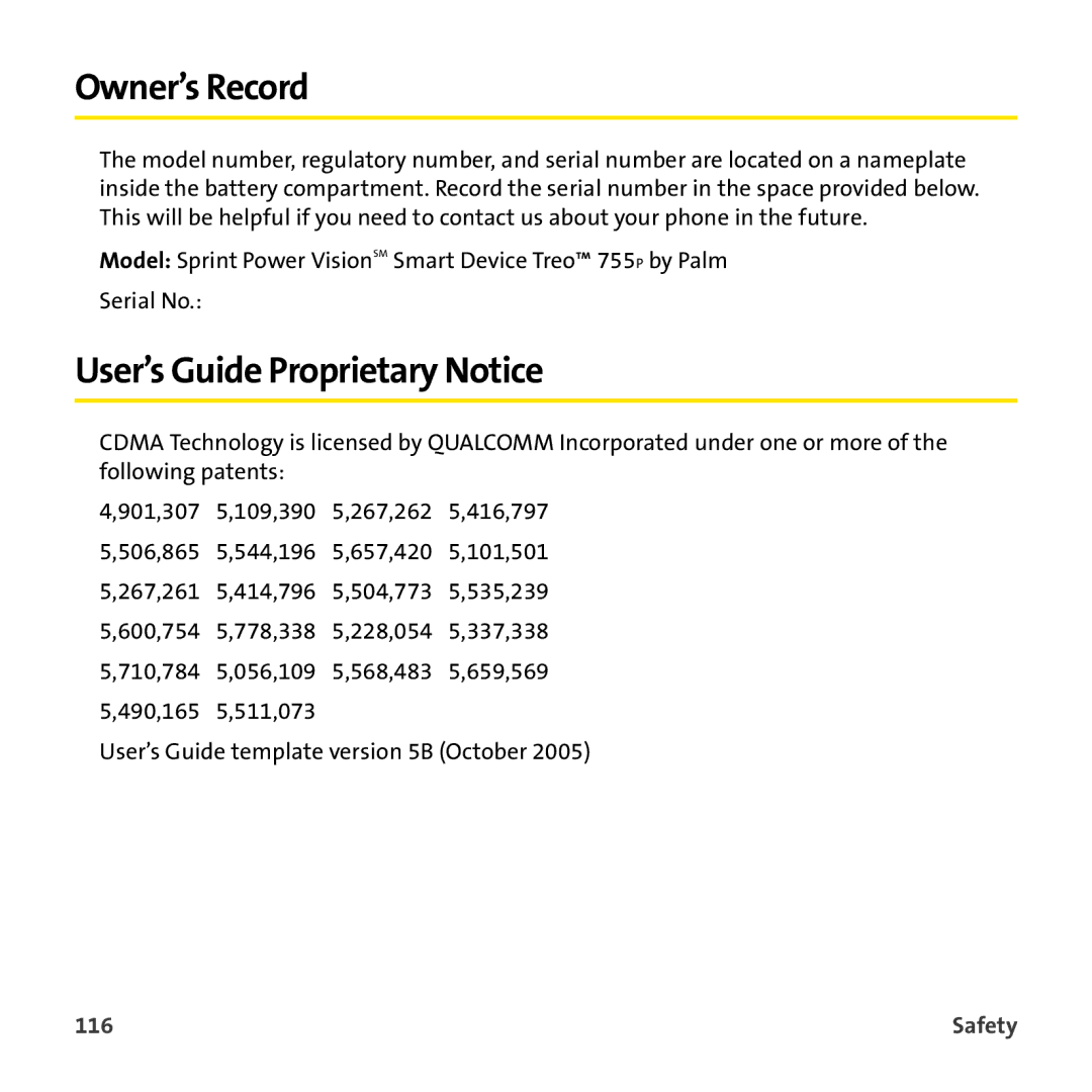 Sprint Nextel 755P manual Owner’s Record, User’s Guide Proprietary Notice, 116 