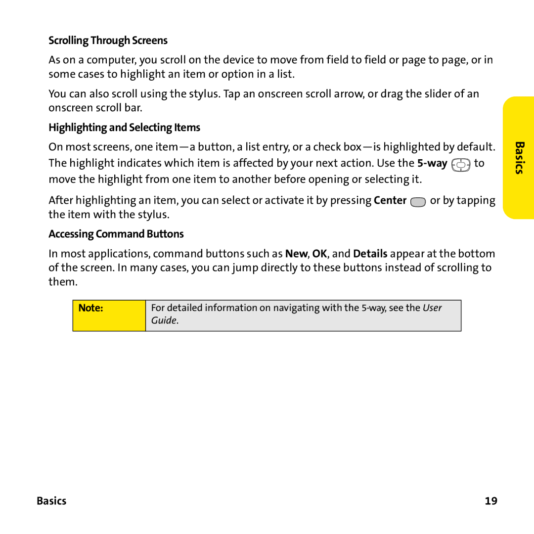 Sprint Nextel 755P manual Scrolling Through Screens, Highlighting and Selecting Items, Accessing Command Buttons 