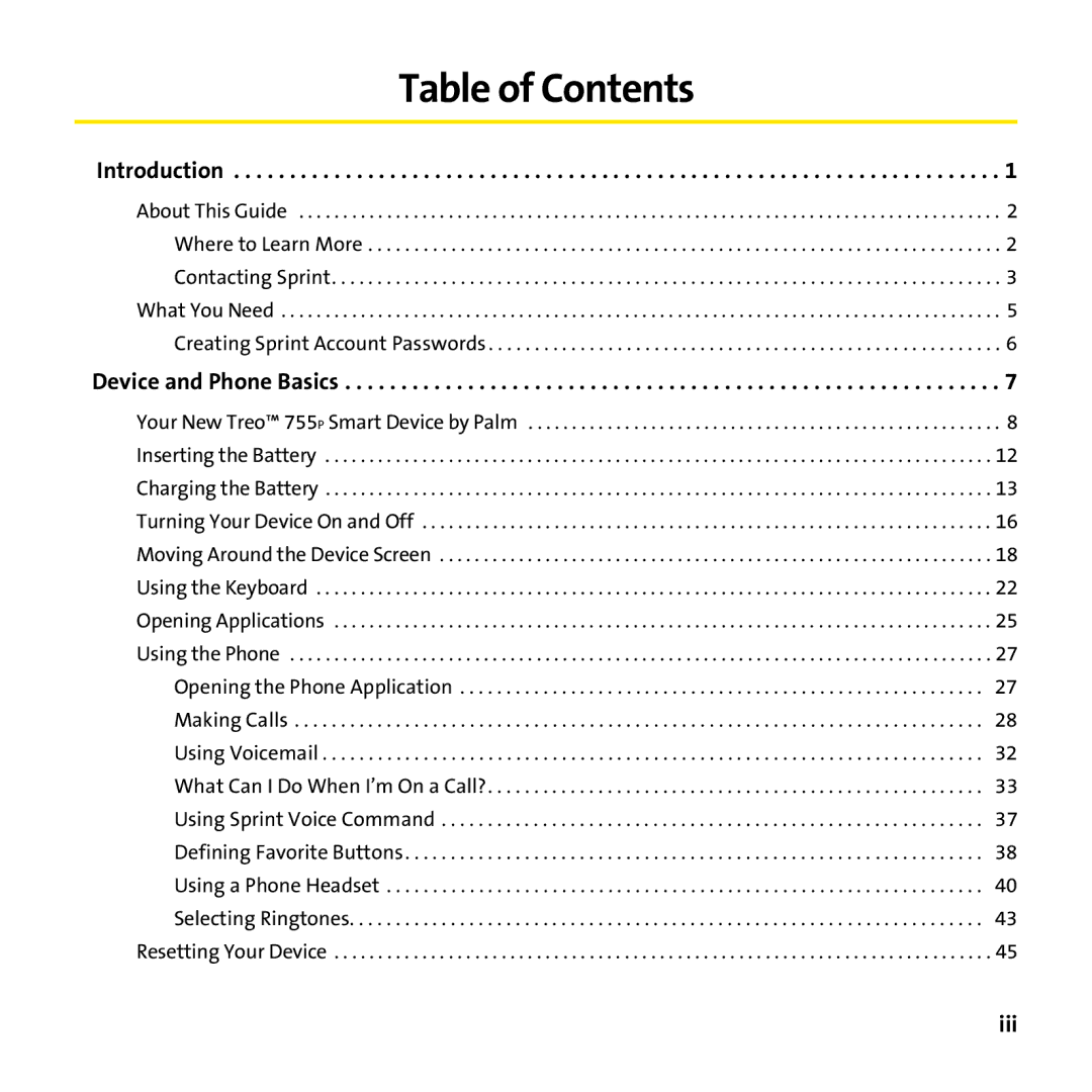 Sprint Nextel 755P manual Table of Contents 