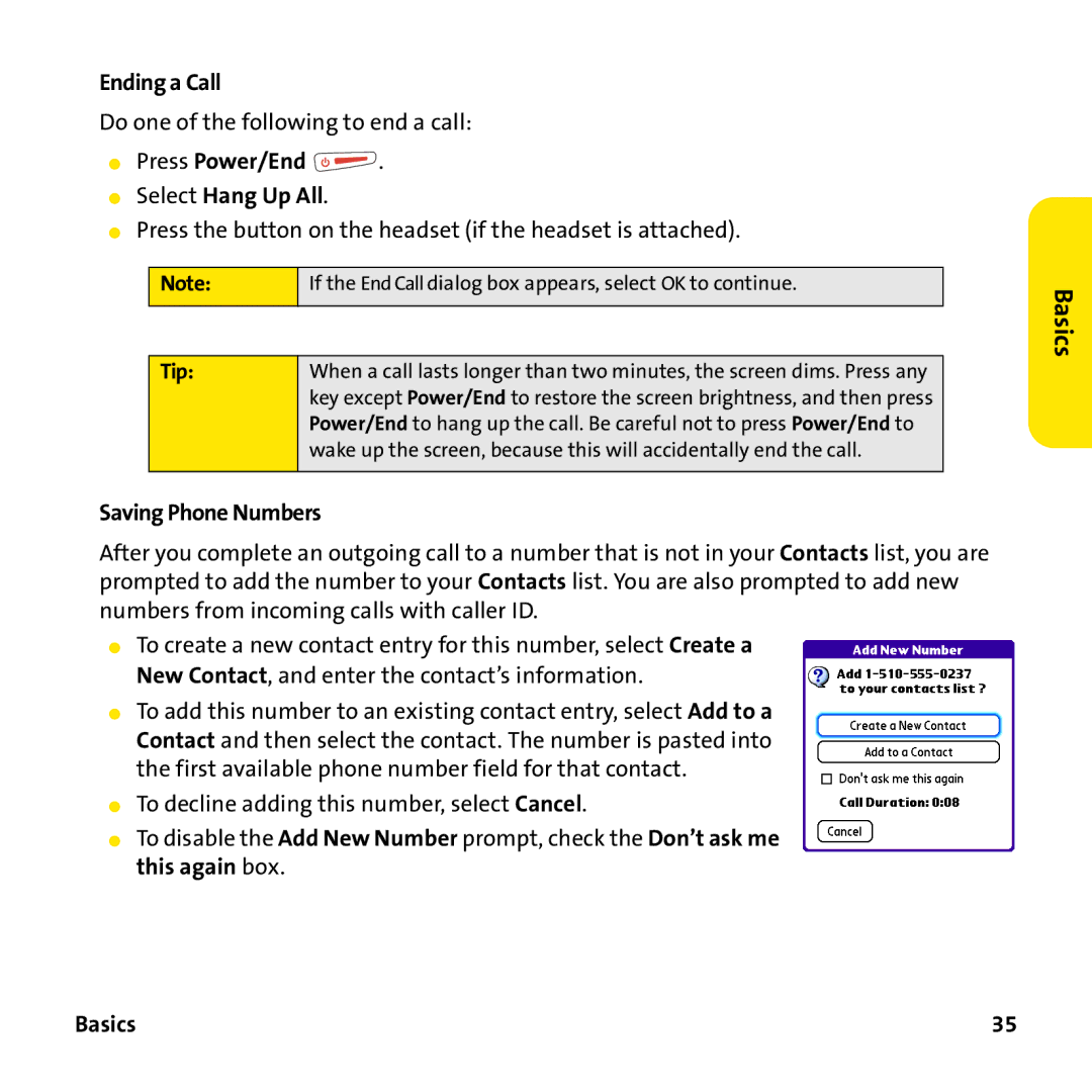 Sprint Nextel 755P manual Ending a Call, Press Power/End Select Hang Up All, Saving Phone Numbers 