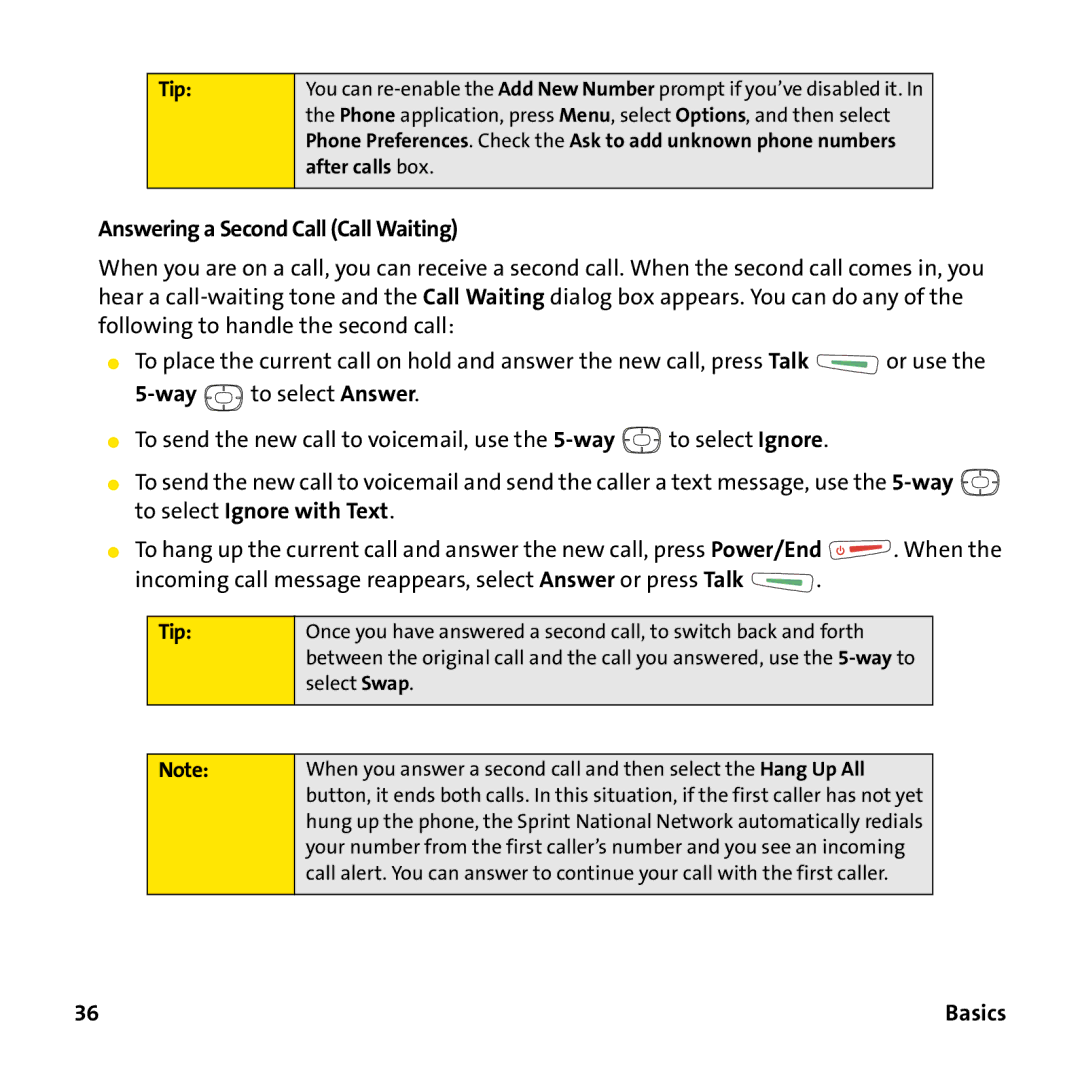 Sprint Nextel 755P manual Answering a Second Call Call Waiting, Way to select Answer 