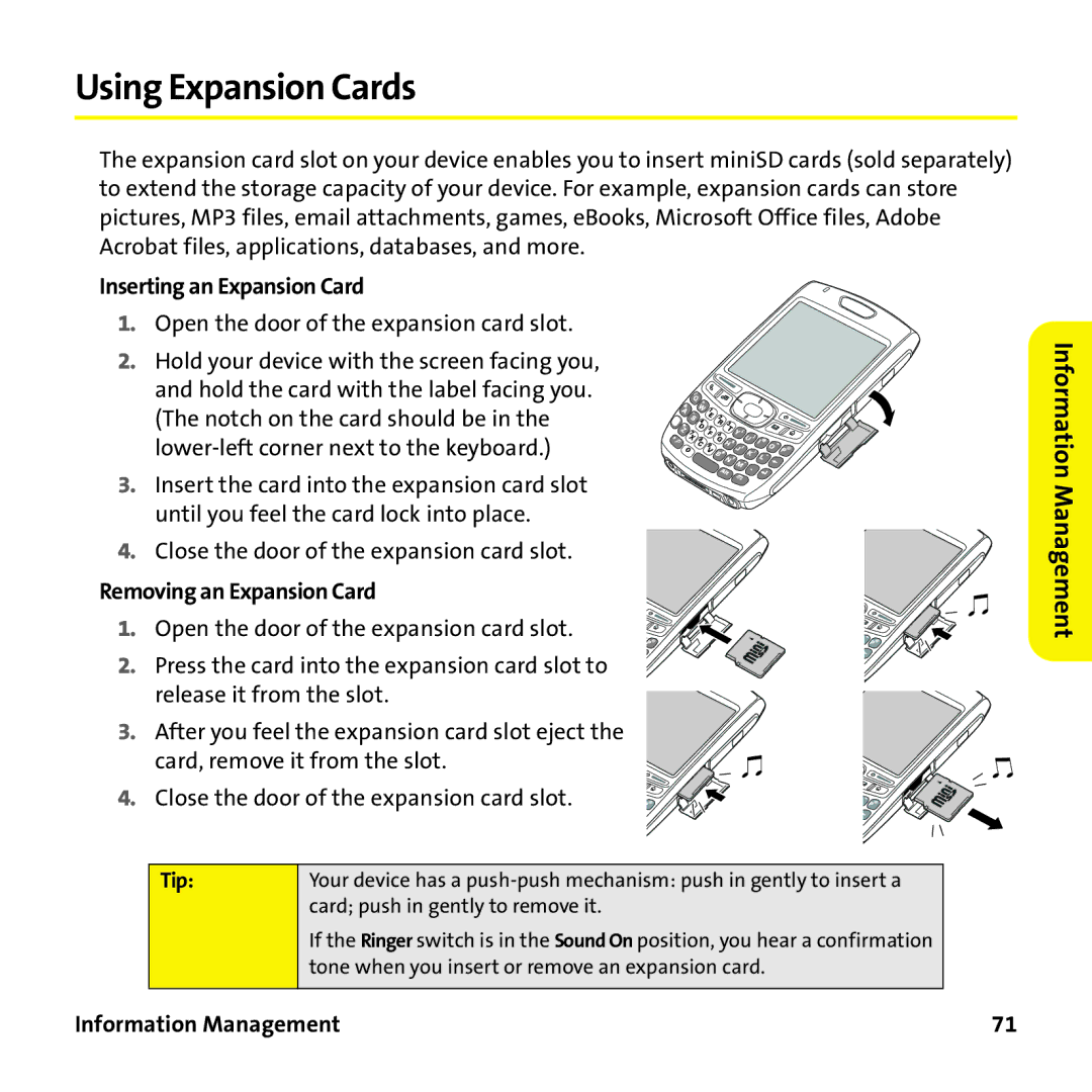 Sprint Nextel 755P manual Using Expansion Cards, Inserting an Expansion Card, Removing an Expansion Card 