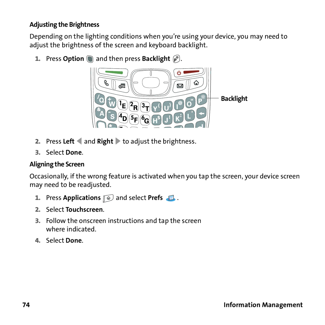 Sprint Nextel 755P manual Adjusting the Brightness, Aligning the Screen, Select Touchscreen 