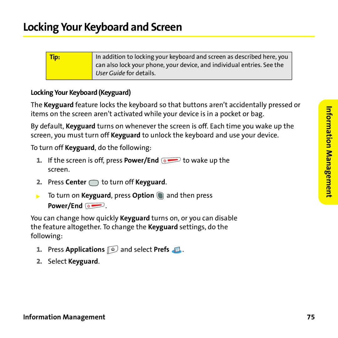 Sprint Nextel 755P manual Locking Your Keyboard and Screen, Locking Your Keyboard Keyguard 