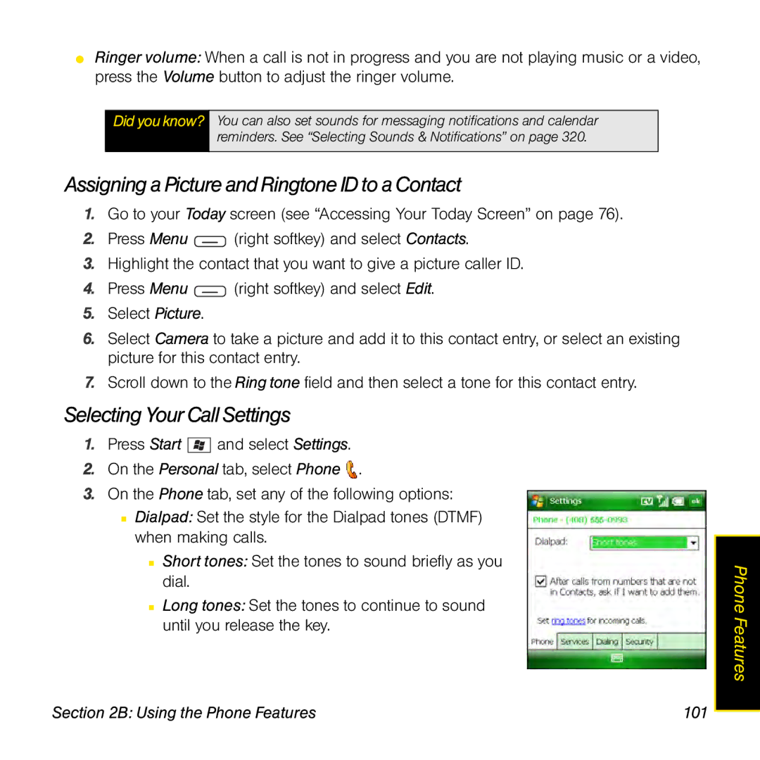 Sprint Nextel 800w manual Assigning a Picture and Ringtone ID to a Contact, Selecting Your Call Settings 