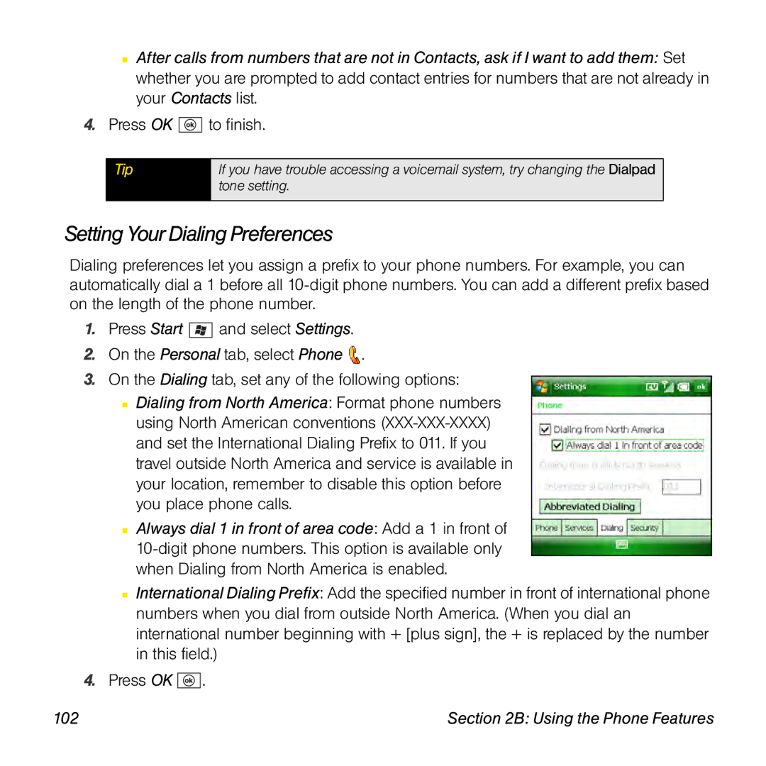 Sprint Nextel 800w manual Setting Your Dialing Preferences, 102 
