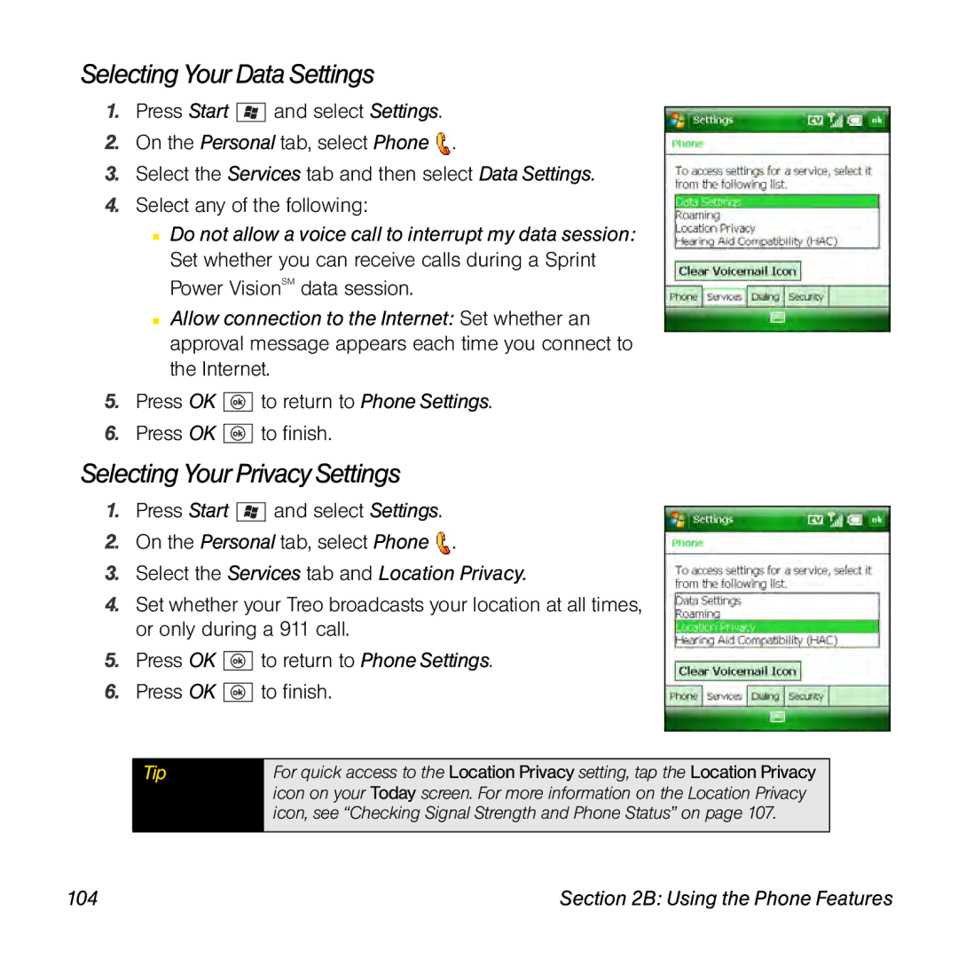 Sprint Nextel 800w manual Selecting Your Data Settings, Selecting Your Privacy Settings, 104 