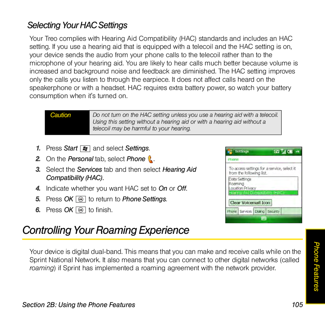 Sprint Nextel 800w manual Controlling Your Roaming Experience, Selecting Your HAC Settings, Using the Phone Features 105 