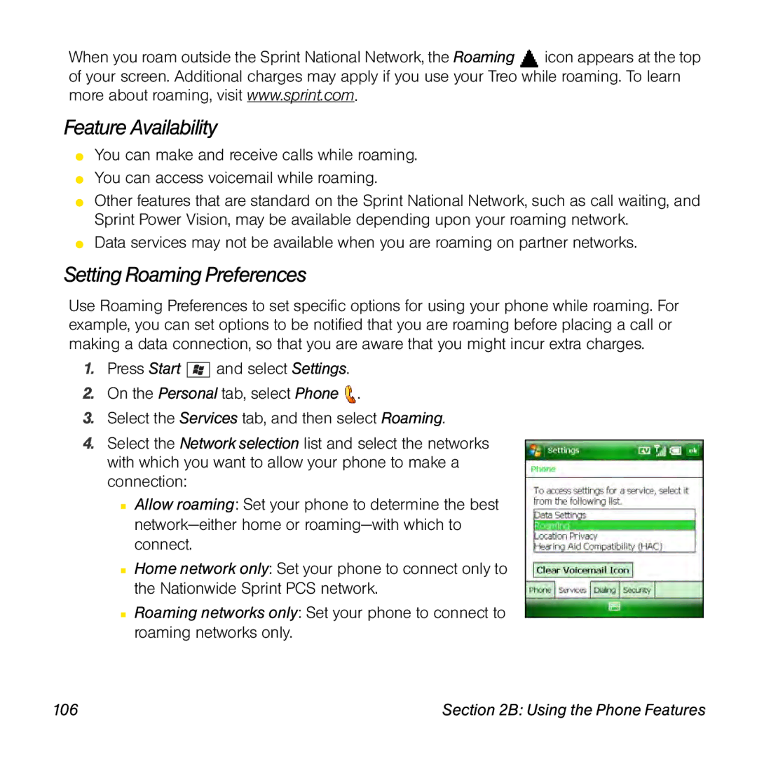 Sprint Nextel 800w manual Feature Availability, Setting Roaming Preferences, 106 