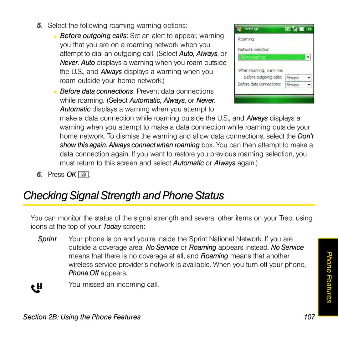 Sprint Nextel 800w manual Checking Signal Strength and Phone Status, Using the Phone Features 107 