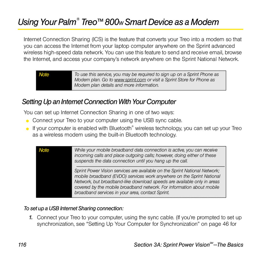 Sprint Nextel 800w Using Your Palm Treo 800W SmartDevice as a Modem, Setting Up an Internet Connection With Your Computer 