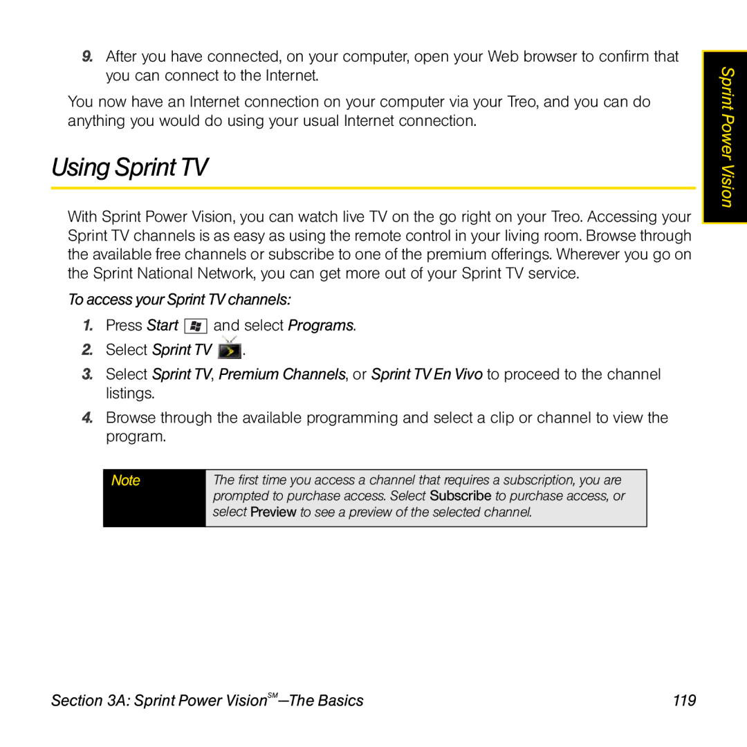 Sprint Nextel 800w manual Using Sprint TV, To access your Sprint TV channels, Sprint Power VisionSM-The Basics 119 