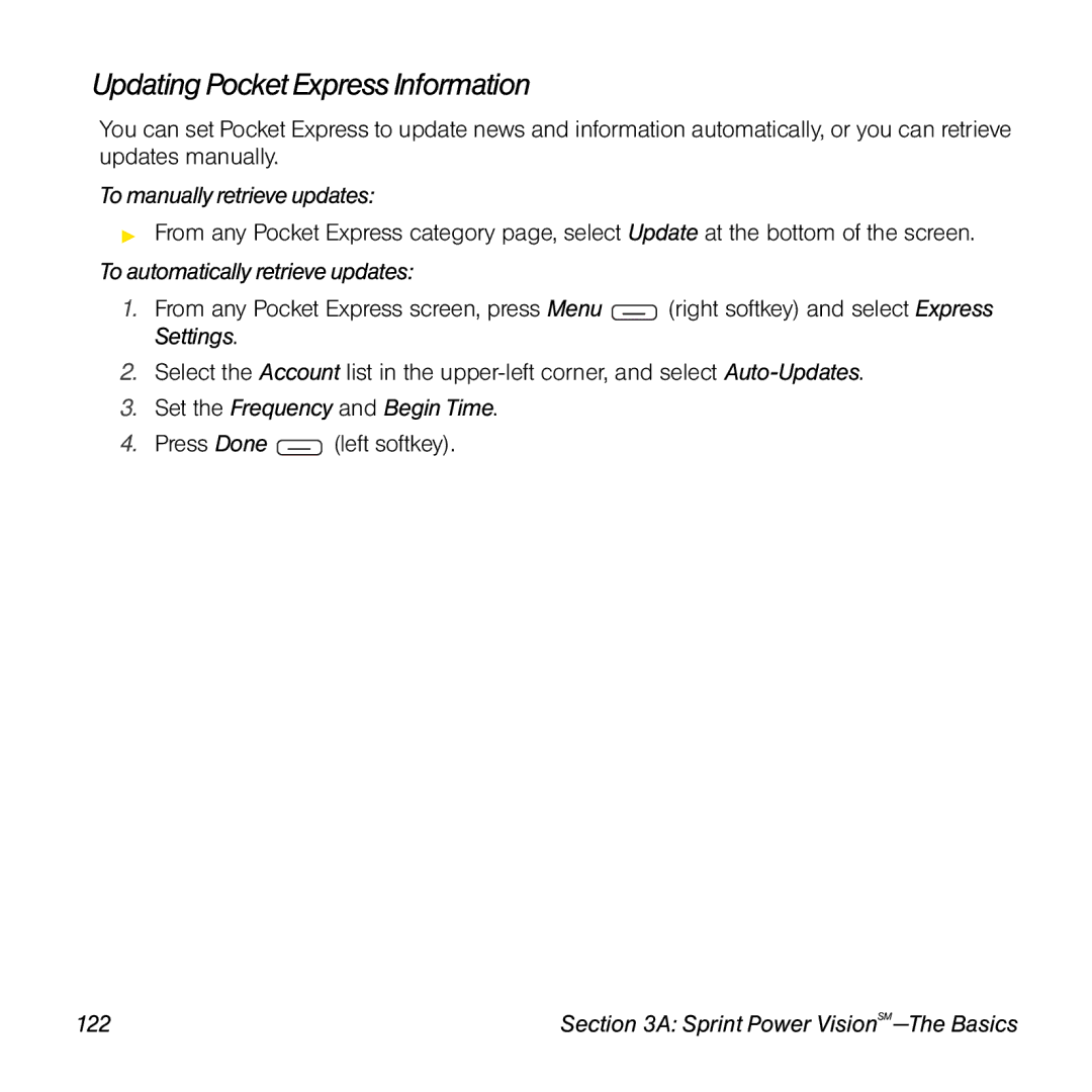 Sprint Nextel 800w Updating Pocket Express Information, To manually retrieve updates, To automatically retrieve updates 