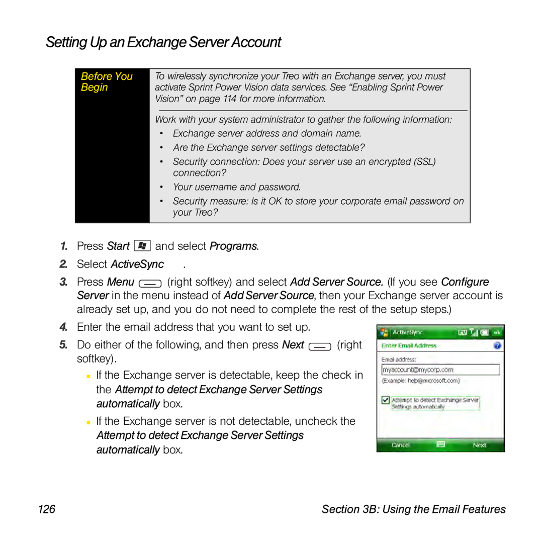 Sprint Nextel 800w manual Setting Up an Exchange Server Account, Select ActiveSync, 126 