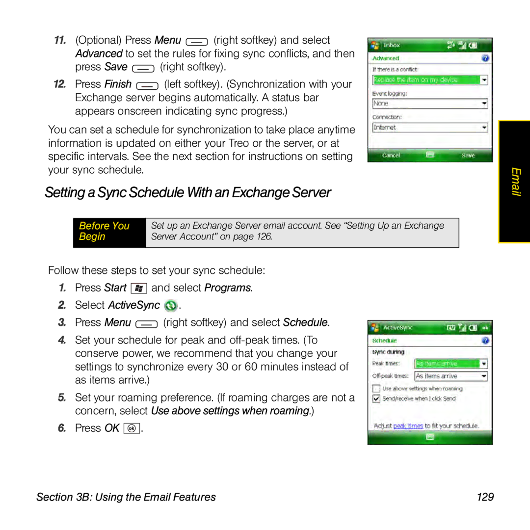 Sprint Nextel 800w manual Setting a Sync Schedule With an Exchange Server, Using the Email Features 129 