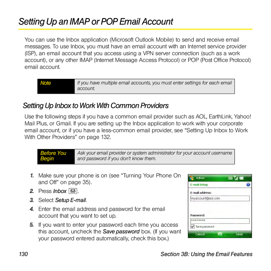 Sprint Nextel 800w manual Setting Up an Imap or POP Email Account, Setting Up Inbox to Work With Common Providers, 130 