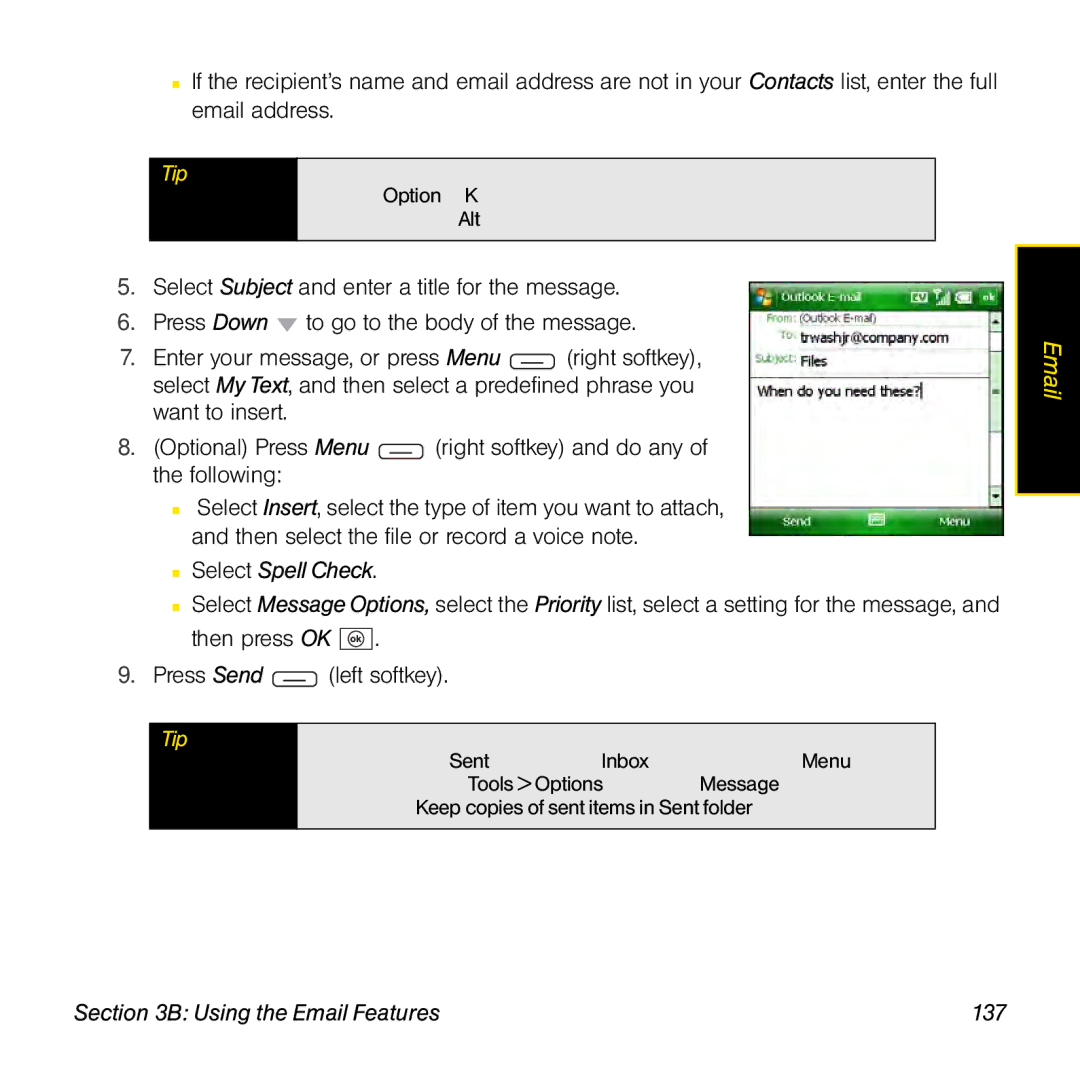Sprint Nextel 800w manual Select Spell Check, Using the Email Features 137 