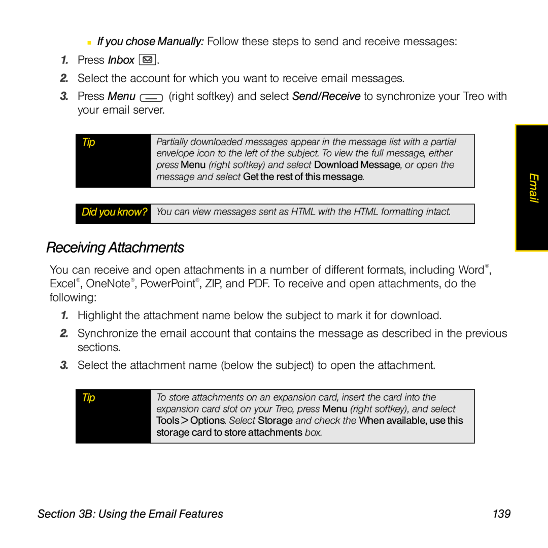 Sprint Nextel 800w manual Receiving Attachments, Using the Email Features 139 