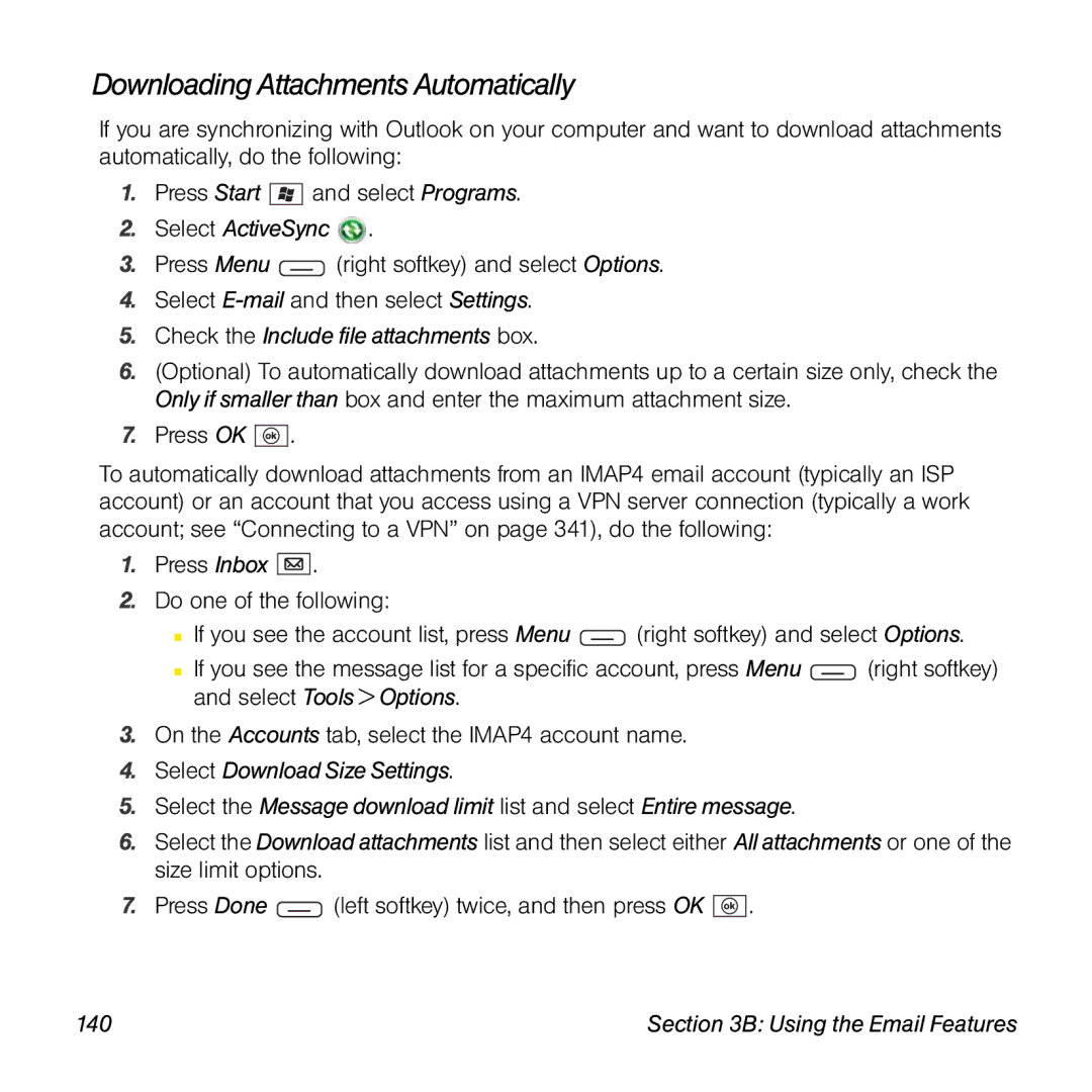 Sprint Nextel 800w manual Downloading Attachments Automatically, Check the Include file attachments box, 140 