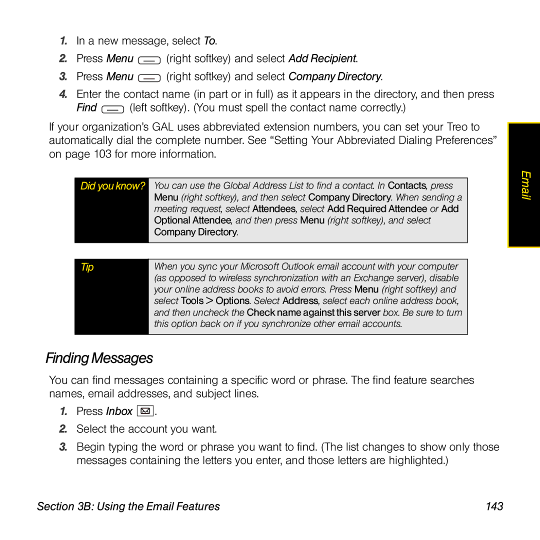 Sprint Nextel 800w manual Finding Messages, Using the Email Features 143 