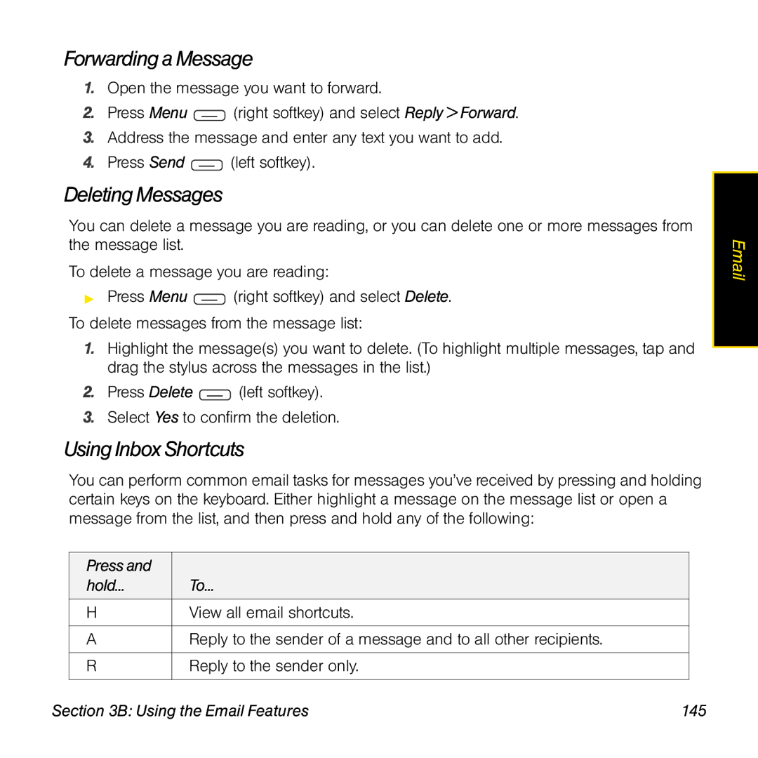 Sprint Nextel 800w manual Forwarding a Message, Deleting Messages, Using Inbox Shortcuts, Press Hold 