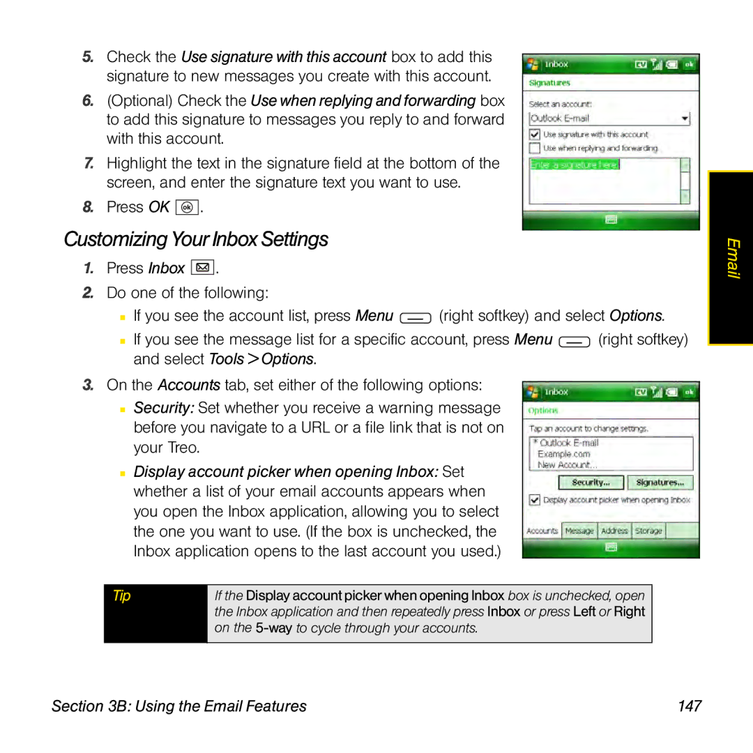 Sprint Nextel 800w manual Customizing Your Inbox Settings, Using the Email Features 147 