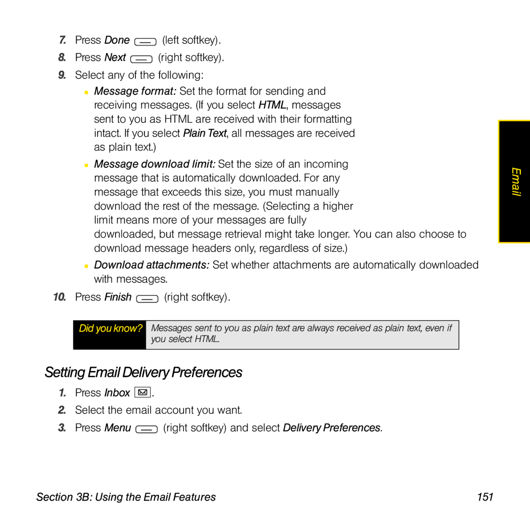 Sprint Nextel 800w manual Setting Email Delivery Preferences, Using the Email Features 151 