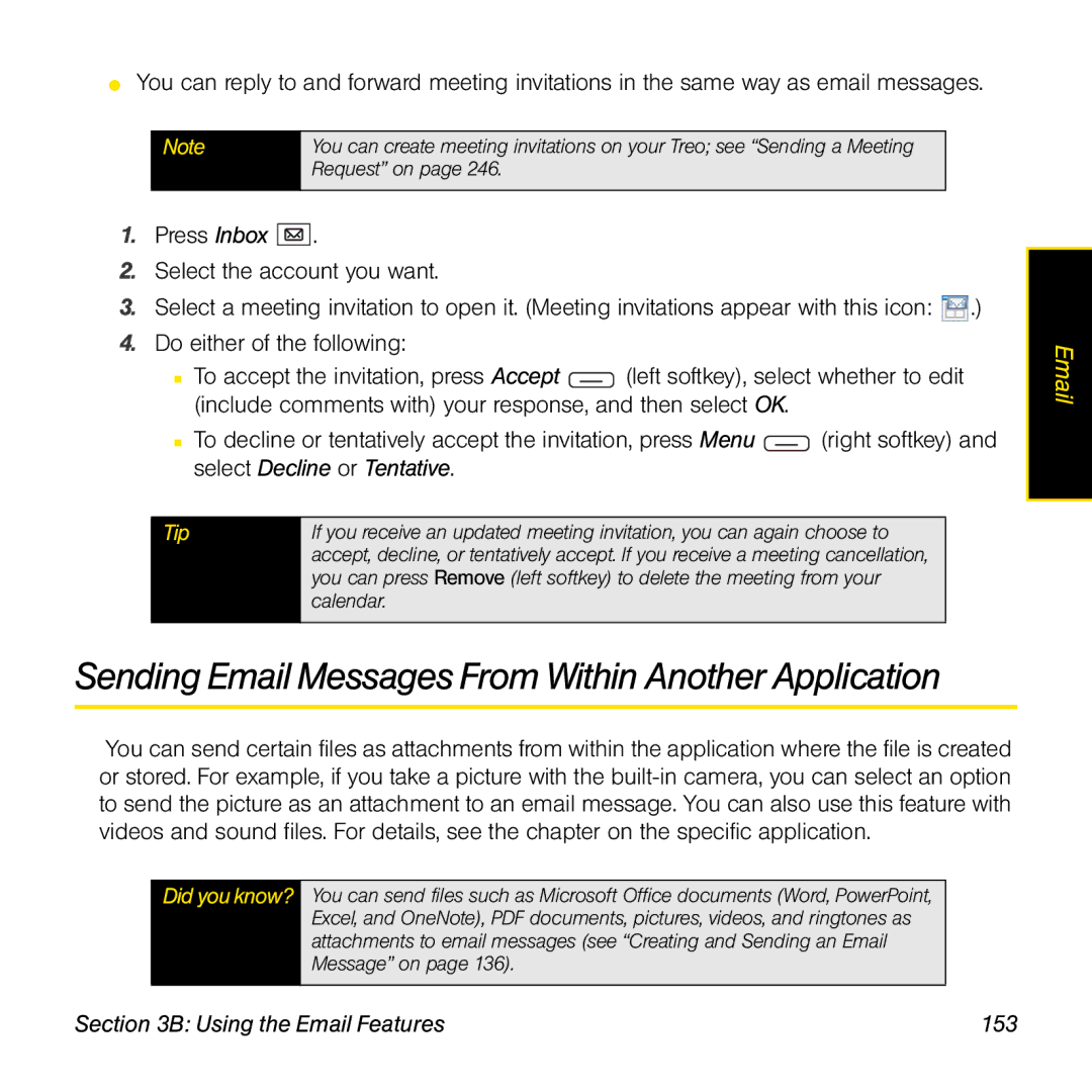 Sprint Nextel 800w manual Sending Email Messages From Within Another Application, Using the Email Features 153 