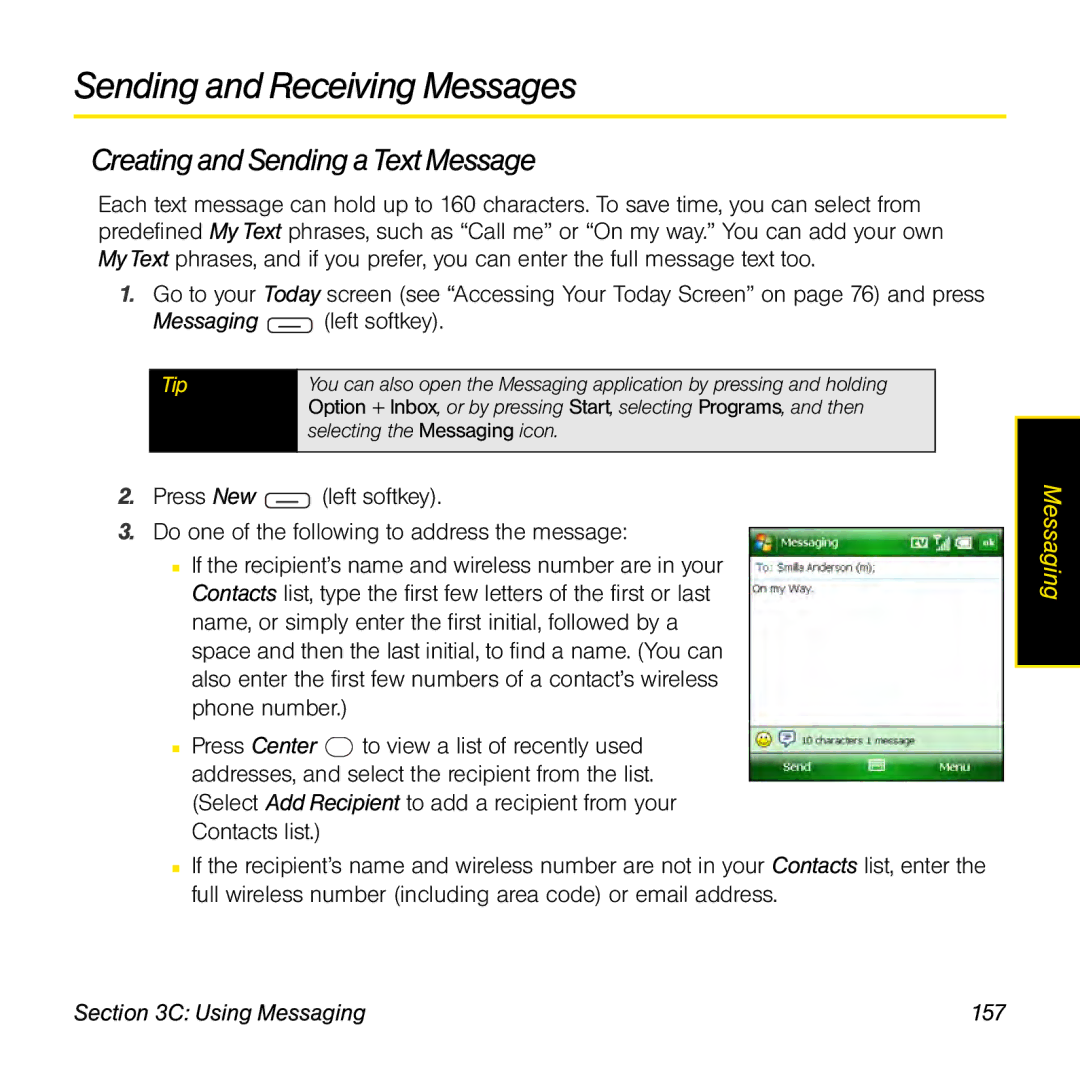 Sprint Nextel 800w manual Sending and Receiving Messages, Creating and Sending a Text Message, Using Messaging 157 