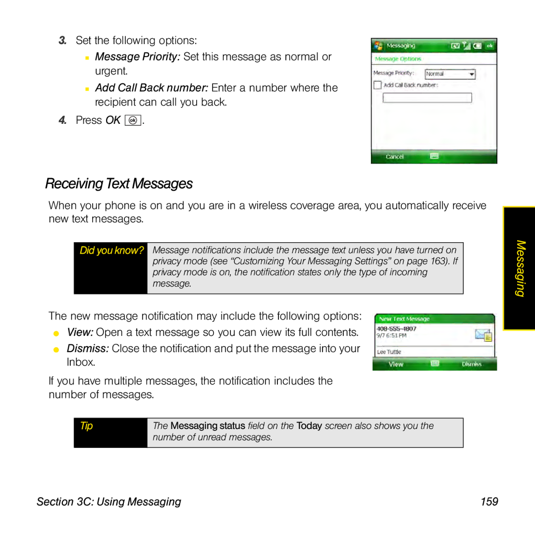 Sprint Nextel 800w manual Receiving Text Messages, Using Messaging 159 