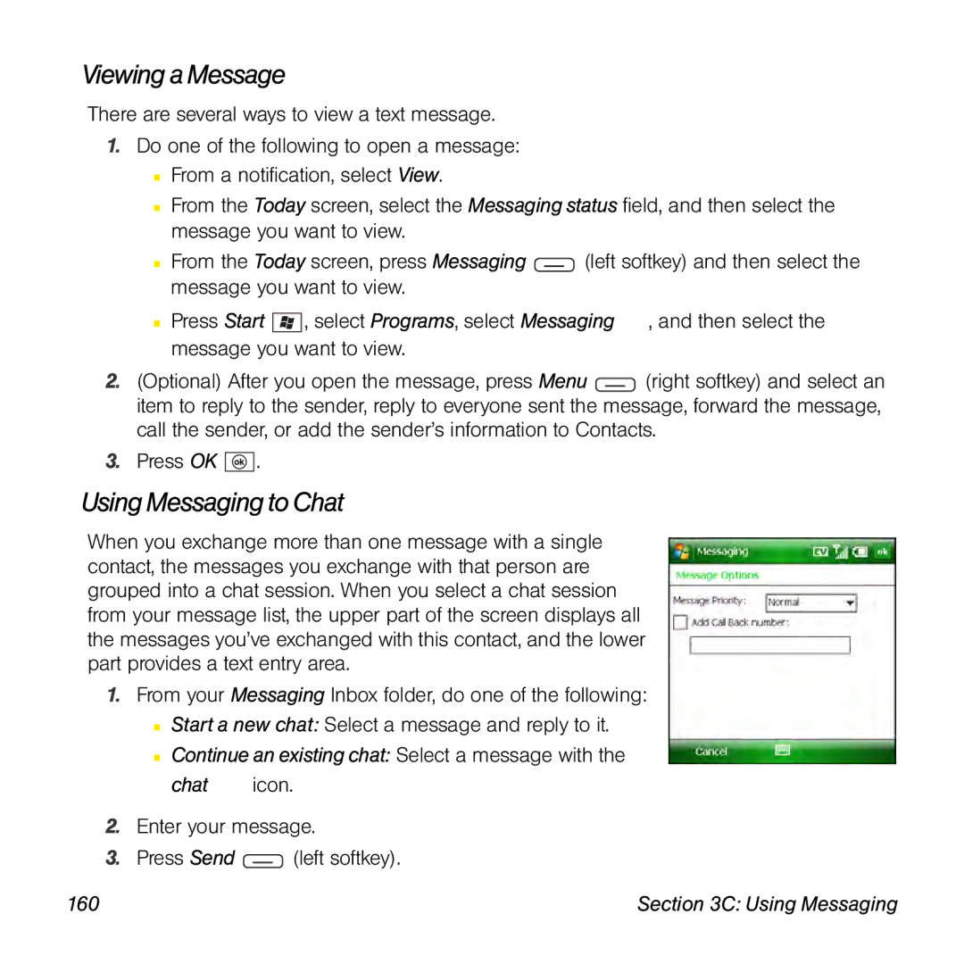 Sprint Nextel 800w manual Viewing a Message, Using Messaging to Chat, 160 