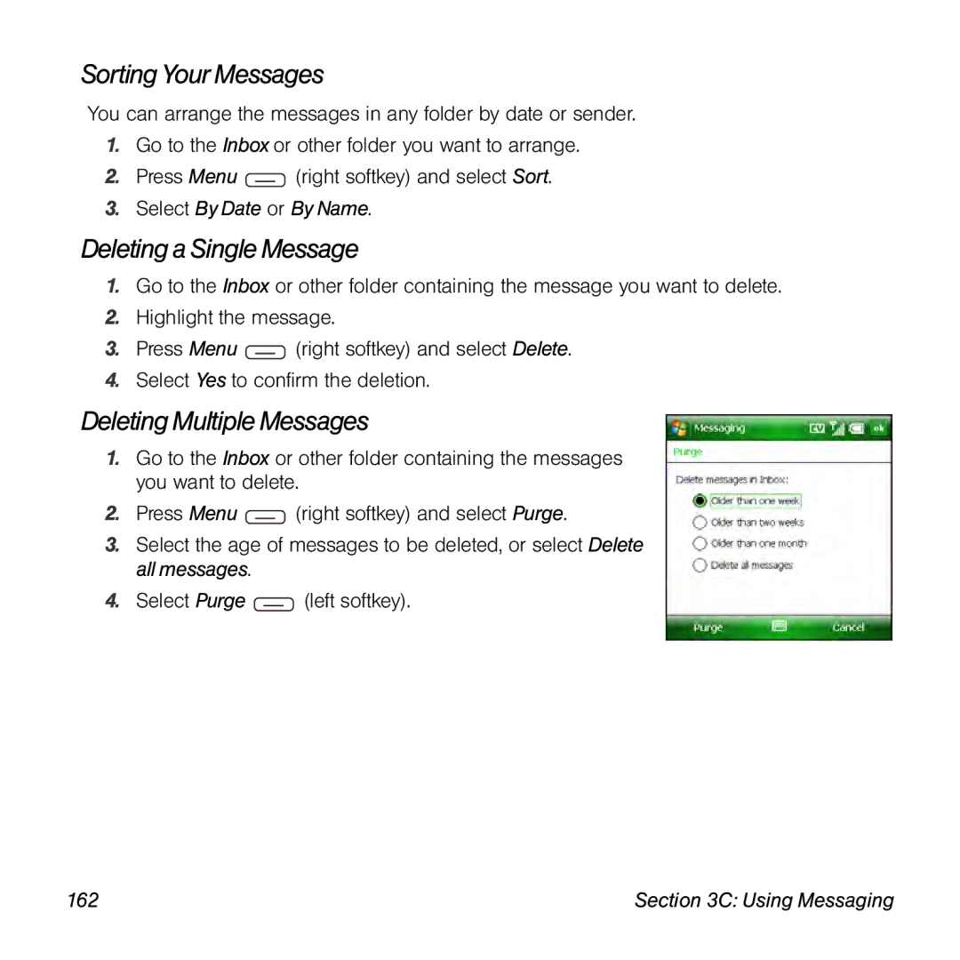 Sprint Nextel 800w Sorting Your Messages, Deleting a Single Message, Deleting Multiple Messages, Select By Date or By Name 