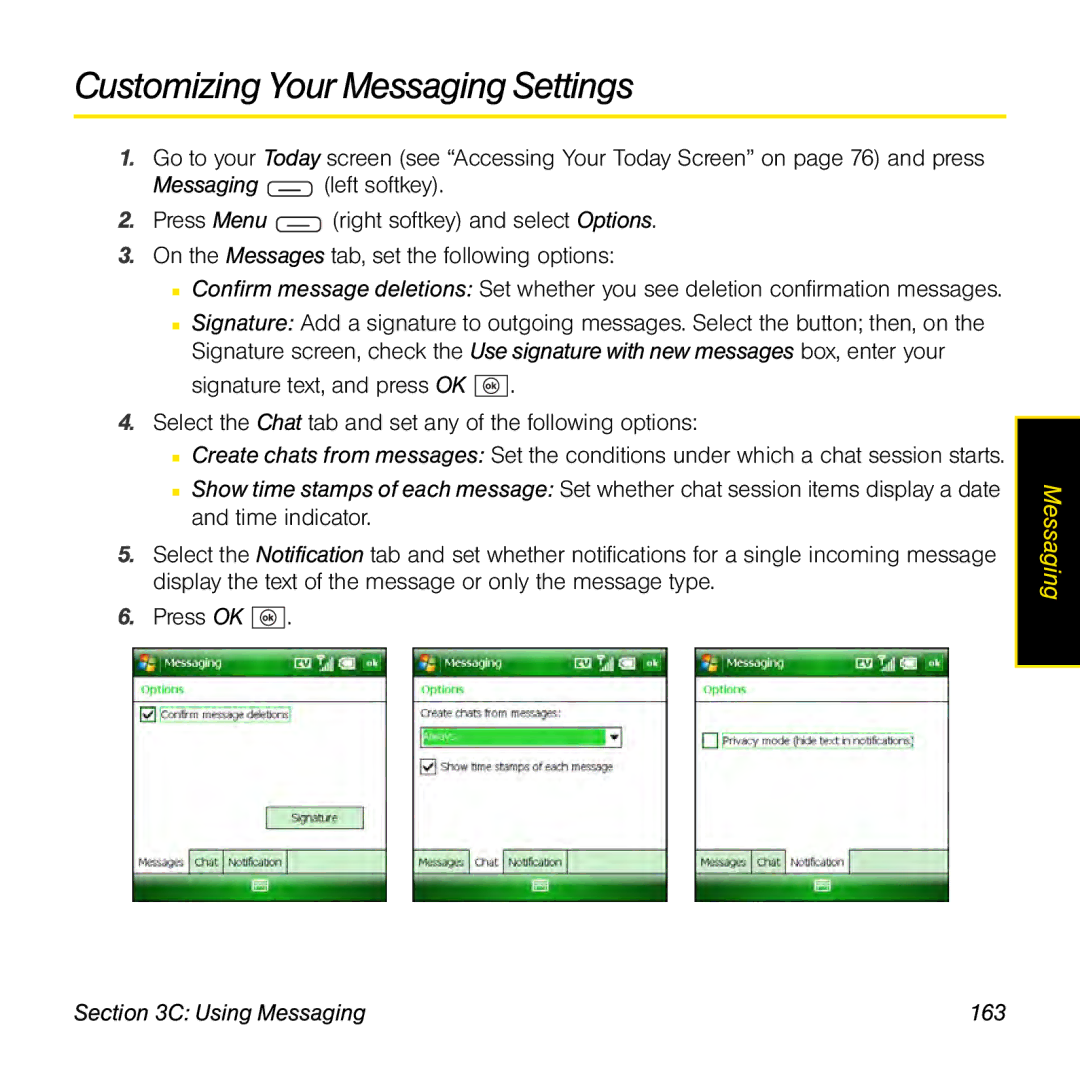 Sprint Nextel 800w manual Customizing Your Messaging Settings, Using Messaging 163 