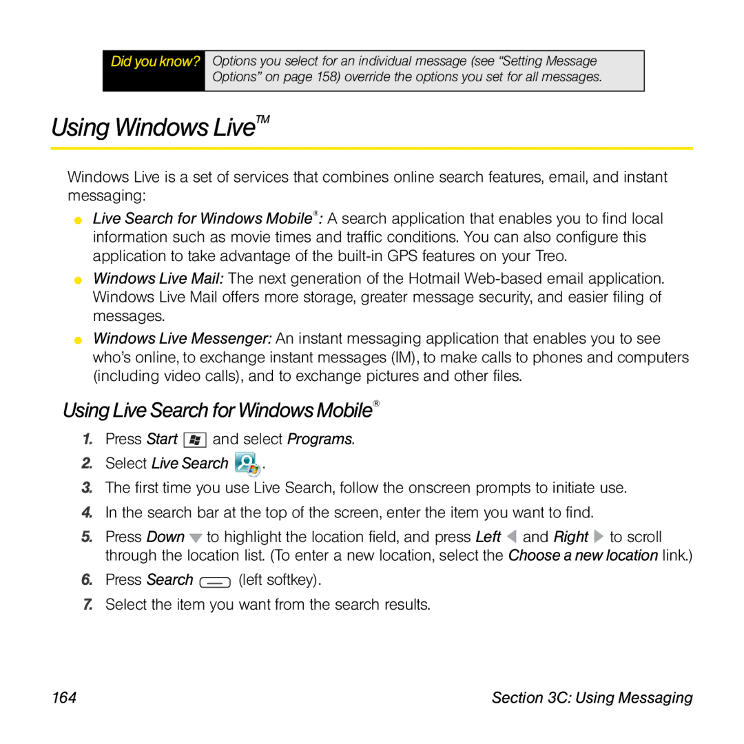 Sprint Nextel 800w manual Using Windows LiveTM, Using Live Search for Windows Mobile, Select Live Search, 164 