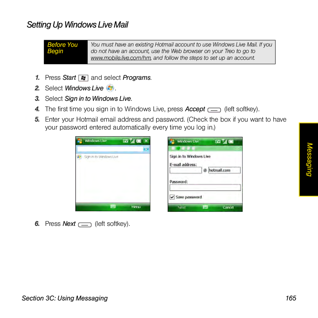 Sprint Nextel 800w Setting Up Windows Live Mail, Select Windows Live Select Sign in to Windows Live, Using Messaging 165 