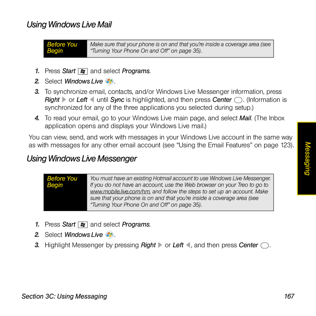 Sprint Nextel 800w manual Using Windows Live Mail, Using Windows Live Messenger, Select Windows Live, Using Messaging 167 