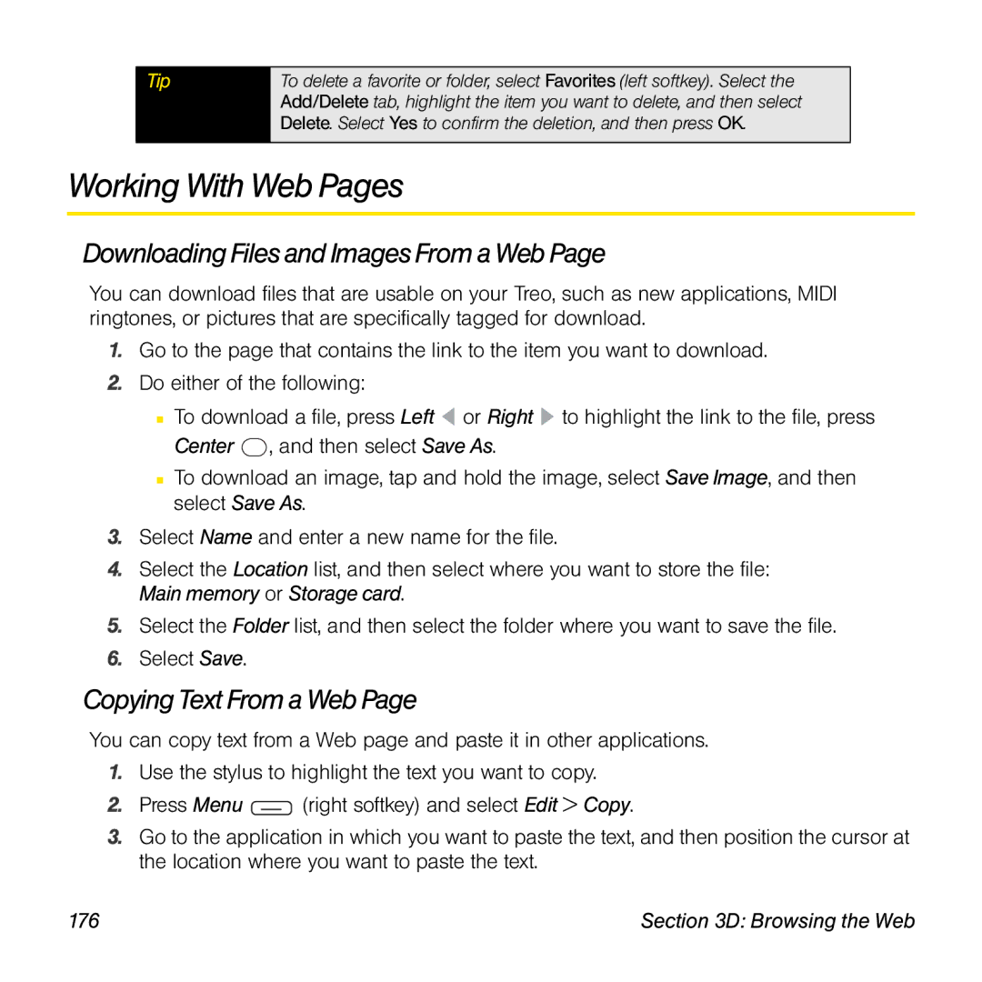 Sprint Nextel 800w manual Working With Web Pages, Downloading Files and Images From a Web, Copying Text From a Web 