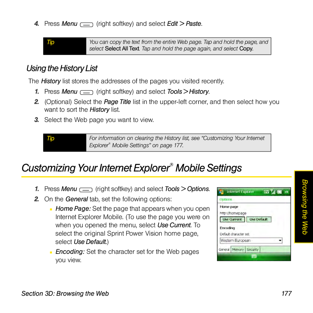 Sprint Nextel 800w manual Customizing Your Internet Explorer Mobile Settings, Using the History List, Browsing the Web 177 