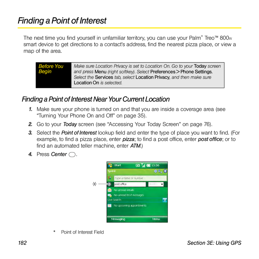 Sprint Nextel 800w manual Finding a Point of Interest Near Your Current Location, 182 