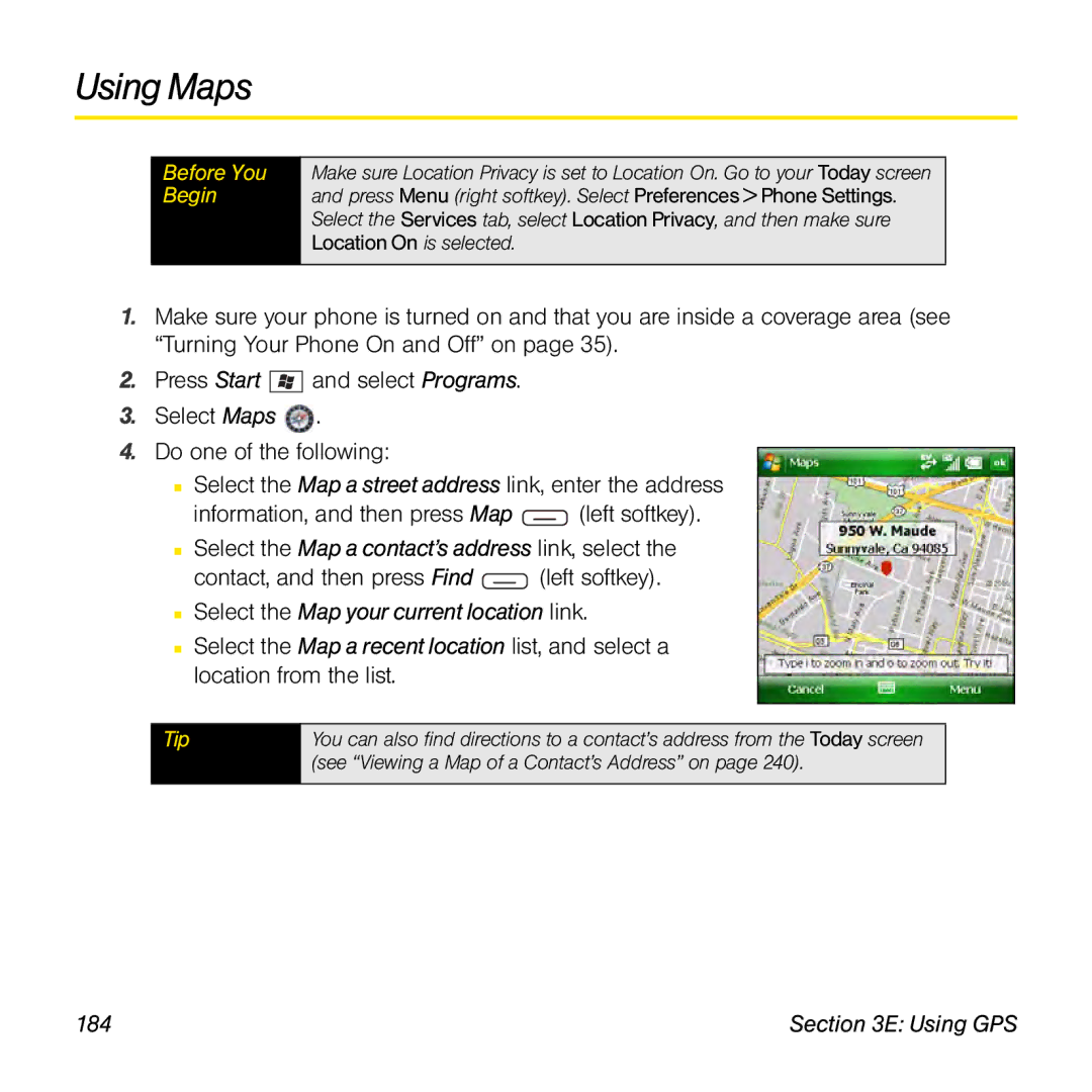 Sprint Nextel 800w manual Using Maps, Select the Map your current location link, 184 