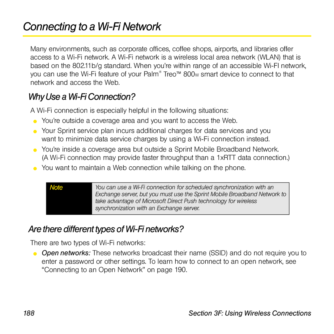 Sprint Nextel 800w manual Connecting to a Wi-Fi Network, Why Use a Wi-Fi Connection?, 188 