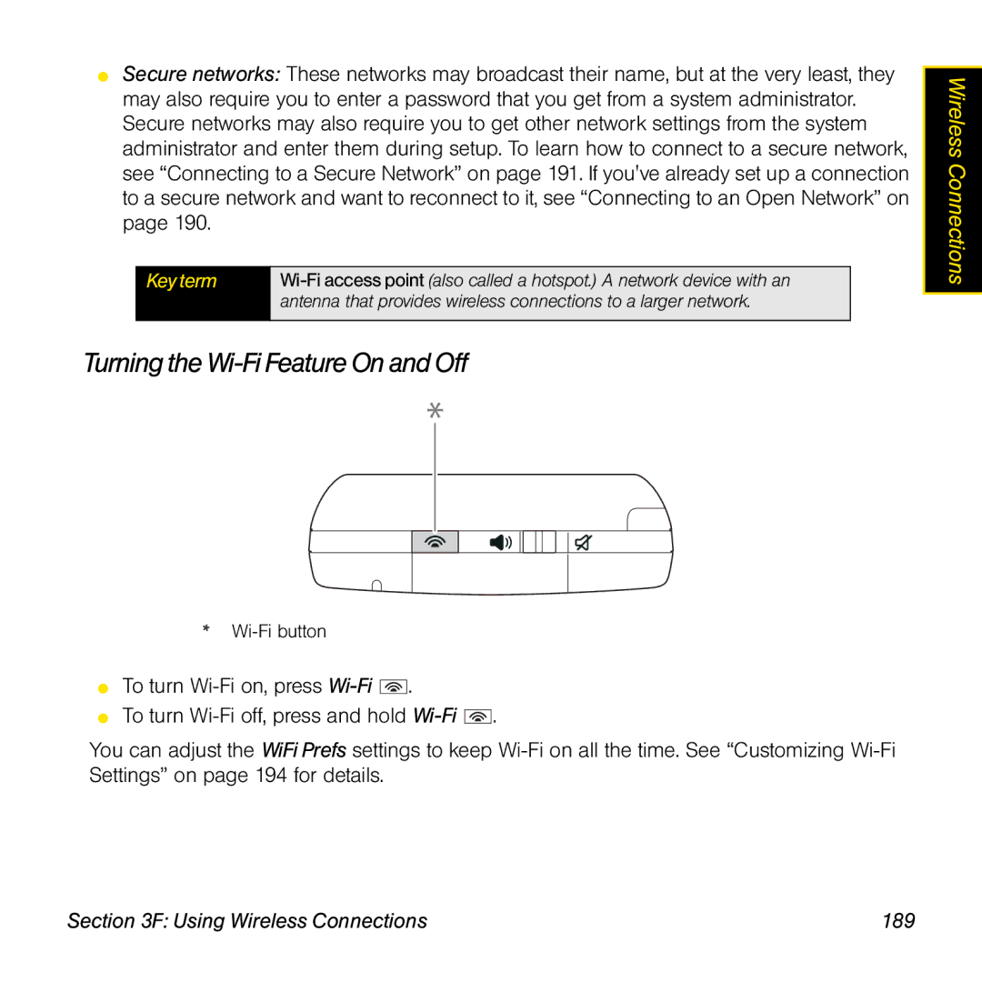 Sprint Nextel 800w manual Turning the Wi-Fi Feature On and Off, Using Wireless Connections 189 