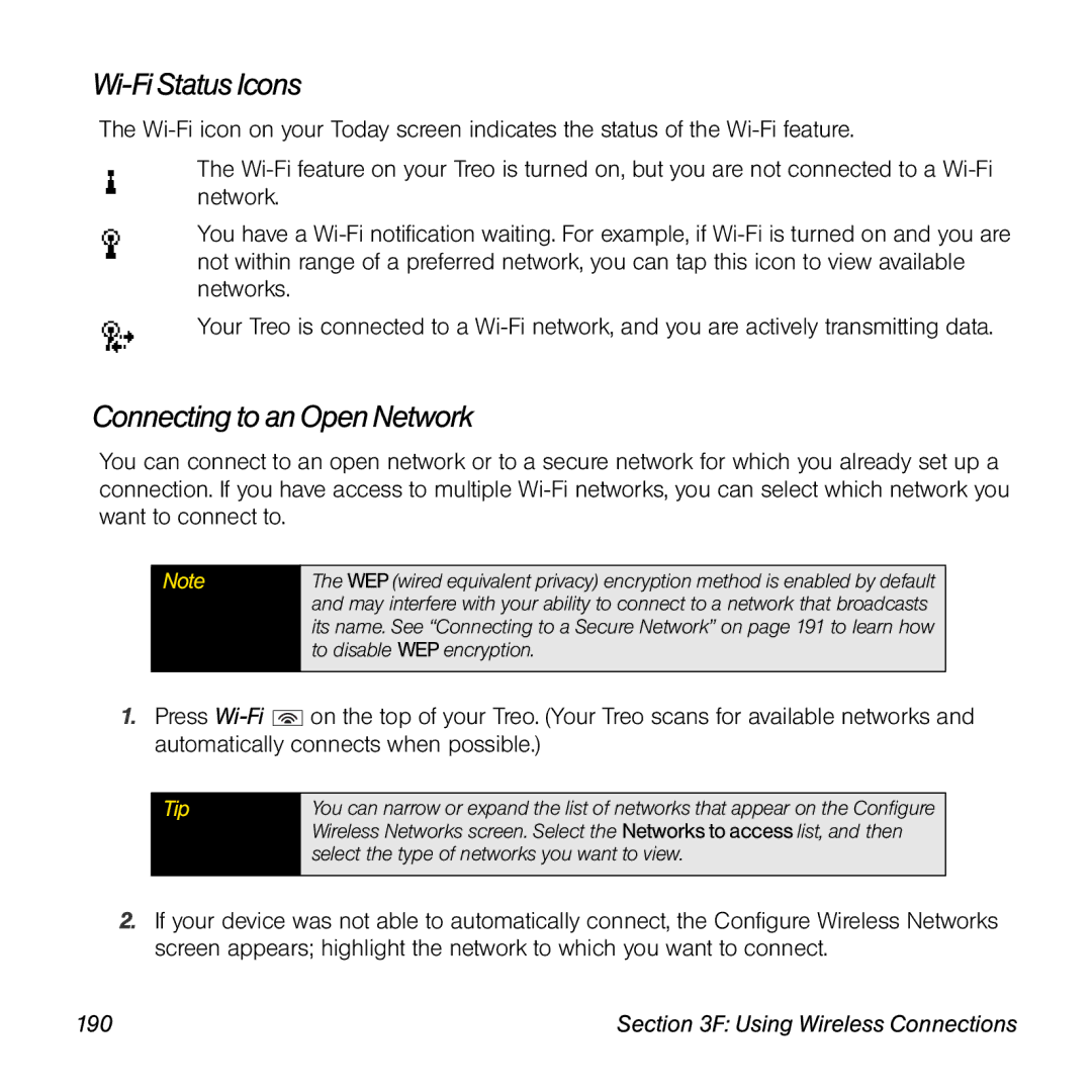 Sprint Nextel 800w manual Wi-Fi Status Icons, Connecting to an Open Network, 190 