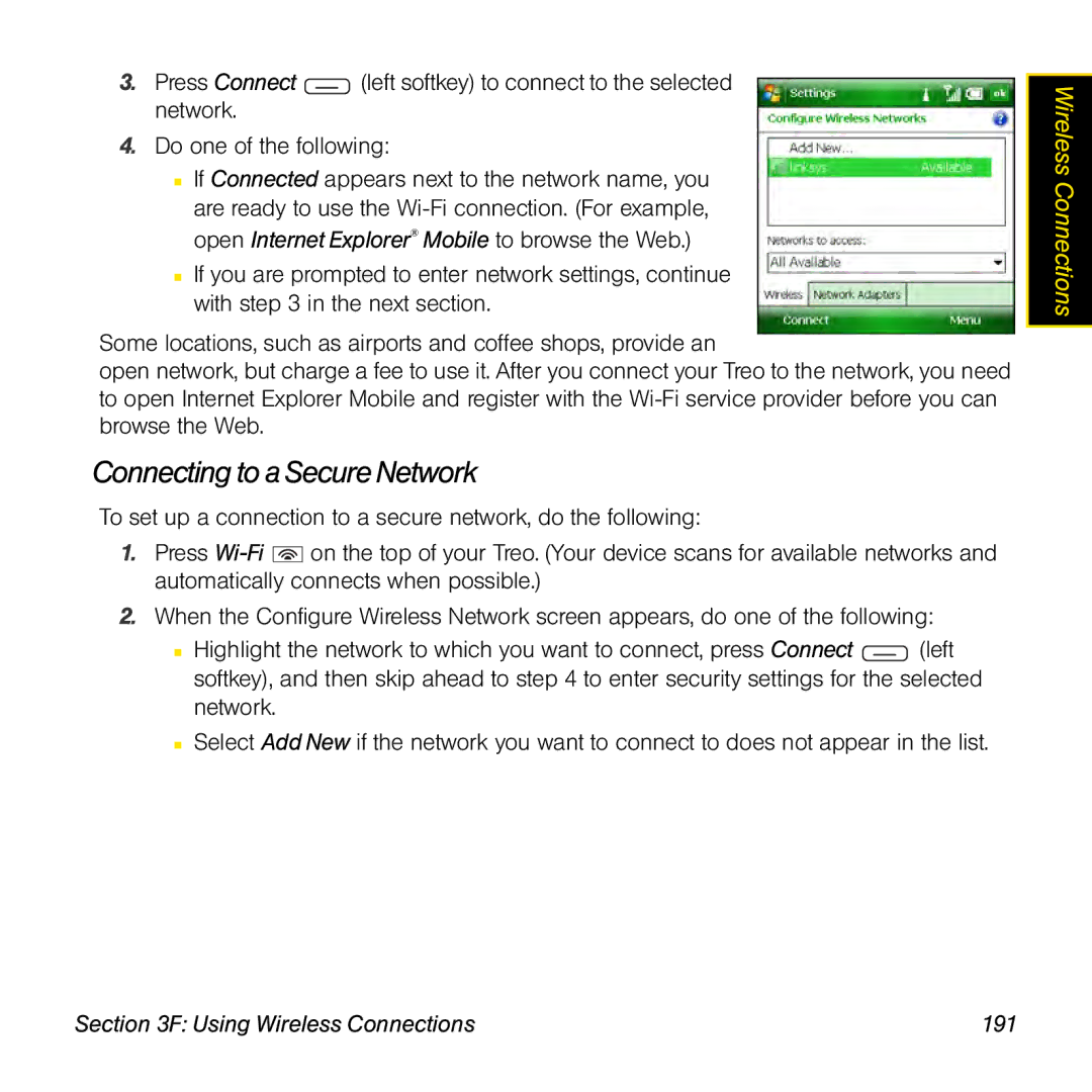 Sprint Nextel 800w manual Connecting to a Secure Network, Using Wireless Connections 191 